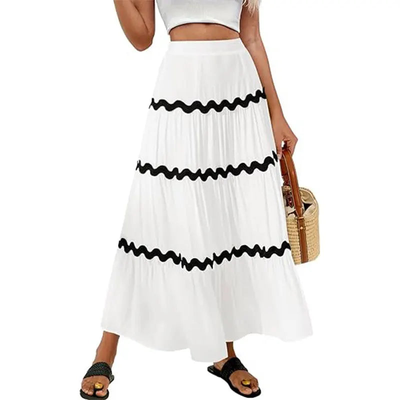 Women Dress Fashion Summer Women's Boho Elastic Waist A-line Skirt Fleece Frizzy Skirt Hem Layer Women's Vacation Outdoor Skirt