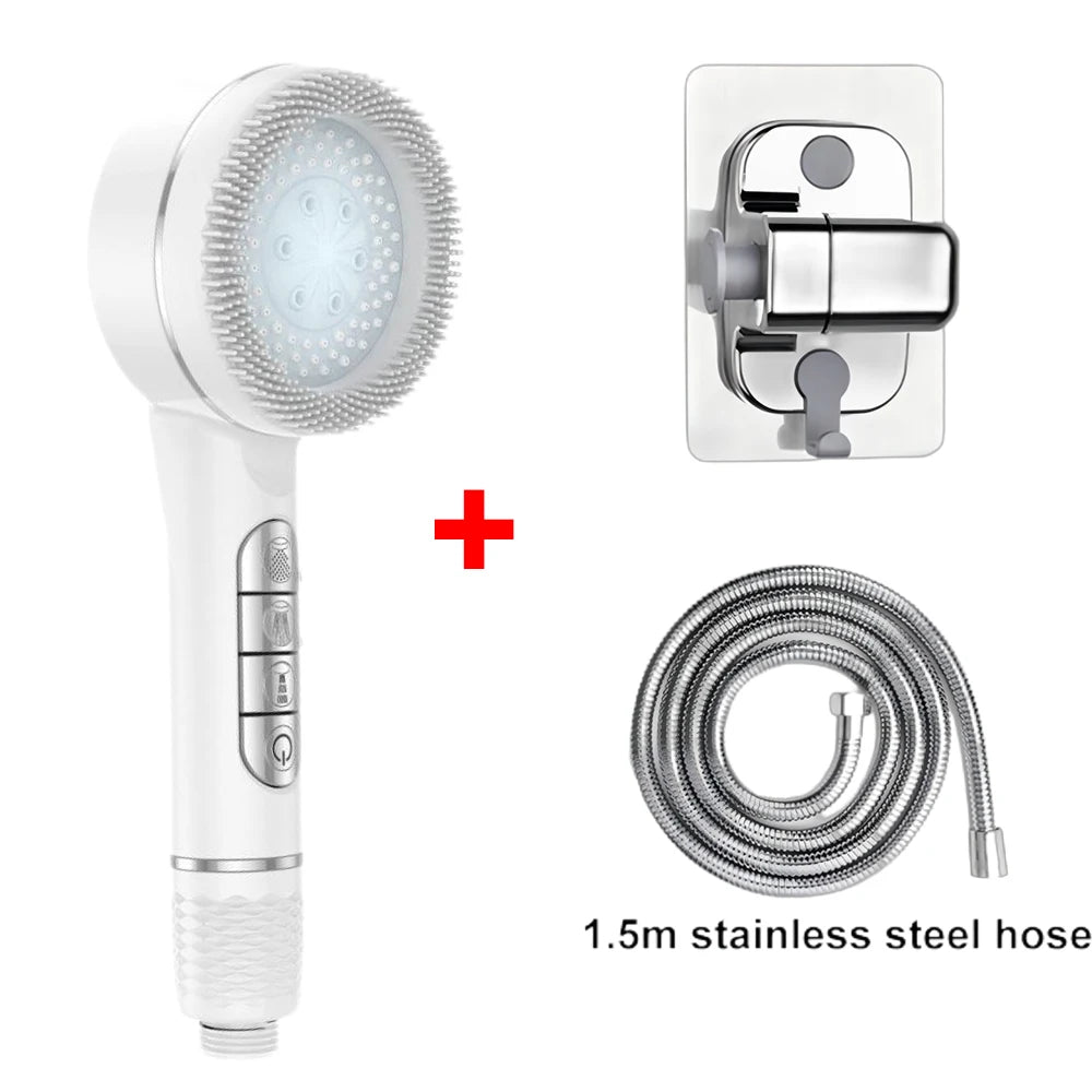 4 Modes Pressurized Shower Head Thickened ABS Handheld Filter Showerhead with Silicone Brush One-Key Stop Water Shower Nozzle