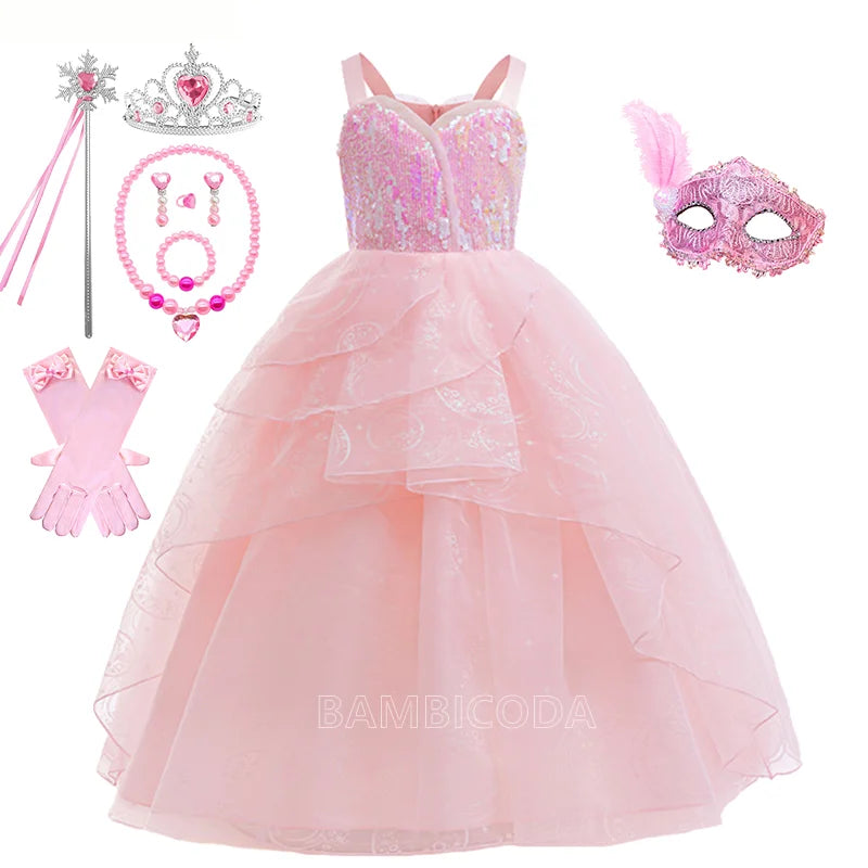 The--Wicked Glinda Elphaba Cosplay Costume Glinda Pink Princess Dress Costume For Girl Party Cosplay Movie Party Witch Clothing