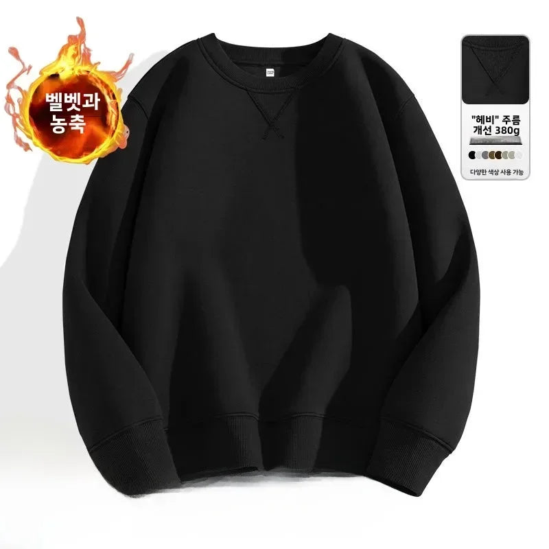 Thickened Fleece Hoodless Sweatshirt Men's Round Neck Winter Casual Loose Fit Cotton Polyester Long Sleeve Self Heating