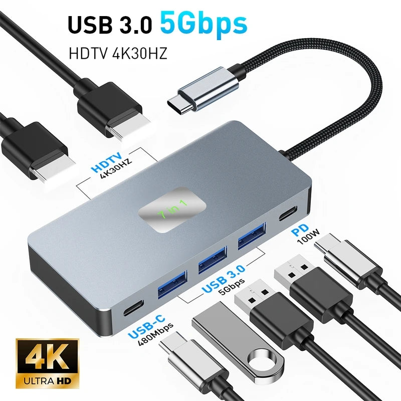 USB C Hub Dual Monitor, 7-in-1 Docking Station with 2 HDTV 4K60Hz, 3 USB3.0, 100W PD, for MacBook, Dell, HP, Surface