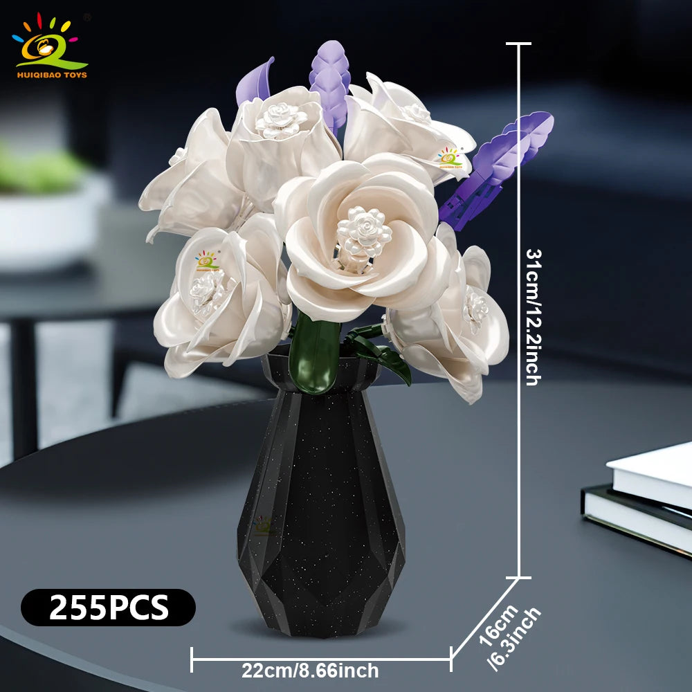 HUIQIBAO Flower Orchid Rose Daisy Coffee Cup Potted Building Blocks Bouquet MOC Bricks Toys DIY Home Desk Plant Decoration