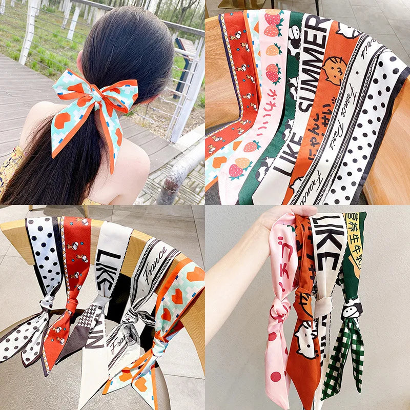 Fashion Printing Long Ribbon Silk Scarf Headband for Women Elegant Tie Ponytail Bow Headband Hair Tie Резинки Для Волос
