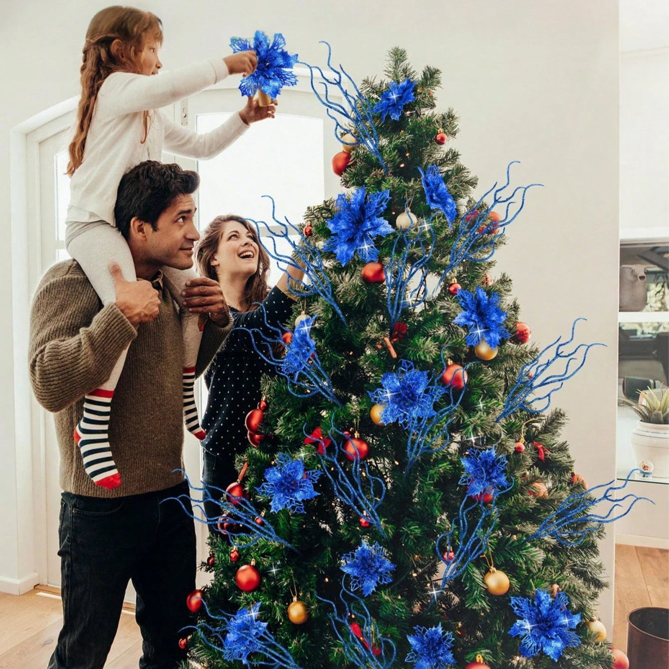 10Pcs Blue Artificial Flowers Branch Fake Plant Christmas Tree Decoration for Xmas Garland Ornament Home Decor 2026 Accessories