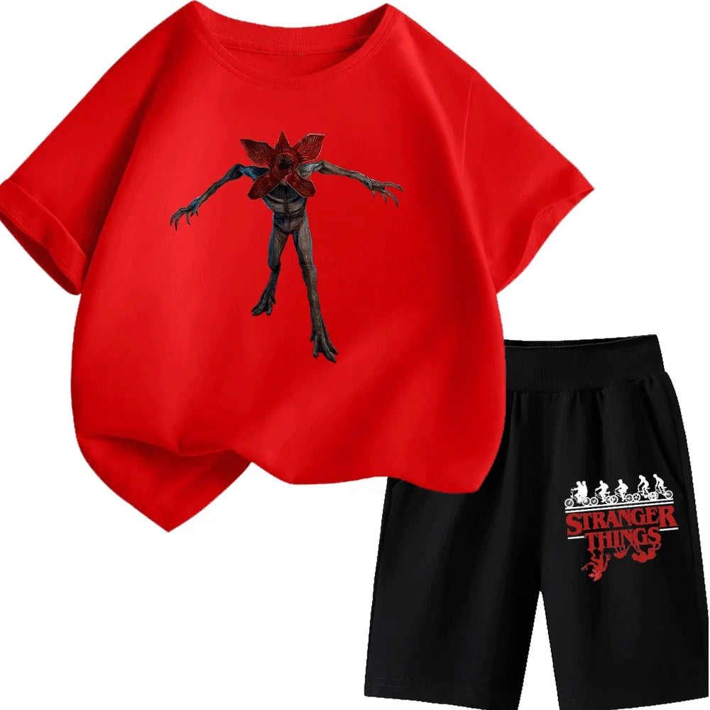 Kids Stranger Things Demogorgon Print T-Shirt Set, Fashionable and Comfortable Short-Sleeve T-Shirt for Boys and Girls, Unique