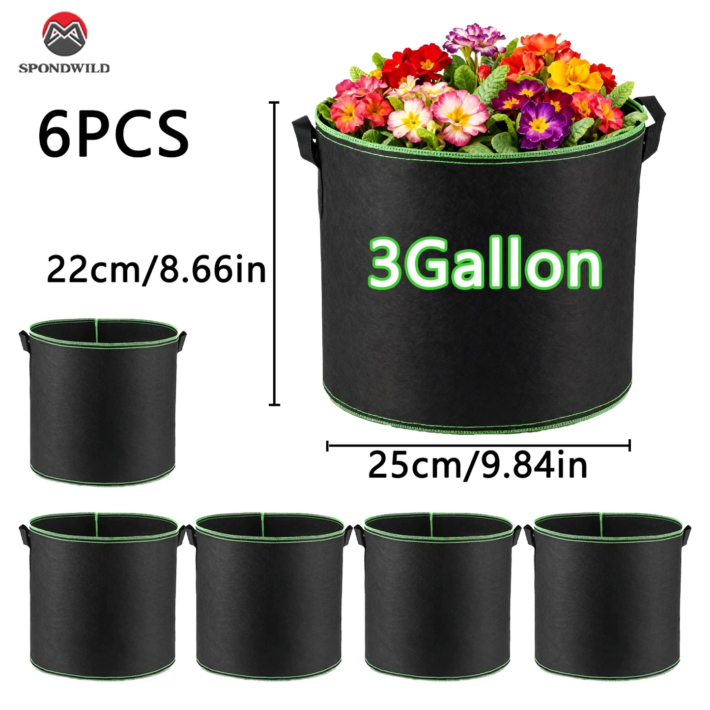 3/5/7 Gallon Grow Bags with Handles & Lock Edges, 5/6/13 Packs Non-Woven Fabric Pots, Reinforced Planting Bags for Vegetables