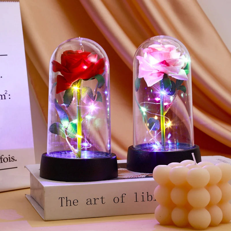 Eternal Red Rose Artificial Flowers with LED Light Creative Valentine's Day Gift Rose in Glass Cover Simulation Rose Flower