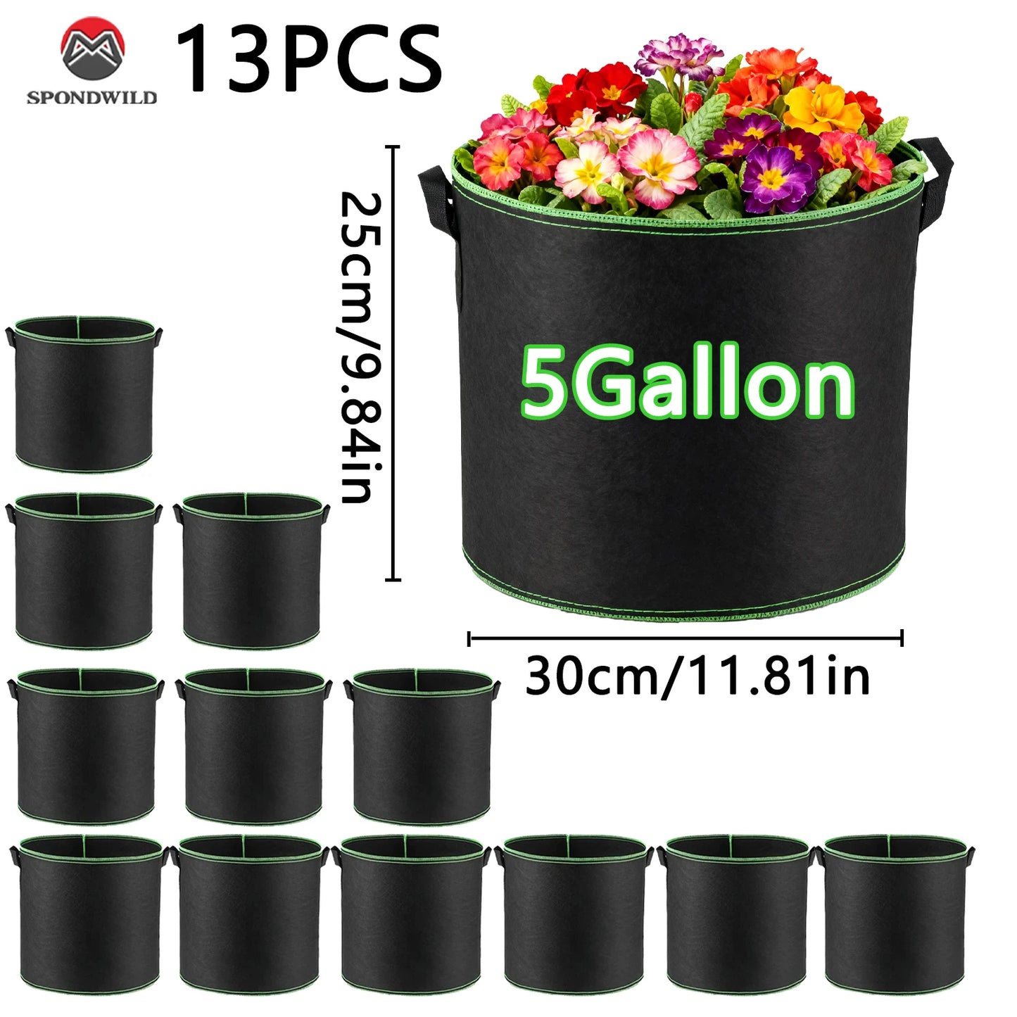3/5/7 Gallon Grow Bags with Handles & Lock Edges, 5/6/13 Packs Non-Woven Fabric Pots, Reinforced Planting Bags for Vegetables