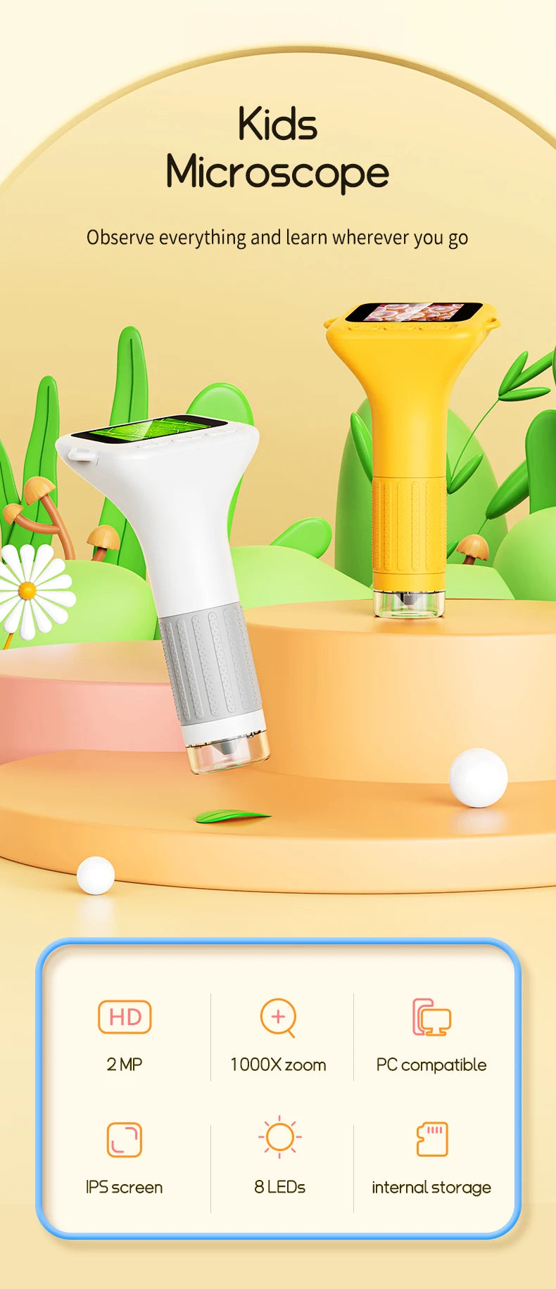 1000x Digital Microscope For Kids 2-Inch IPS Screen 2MP Optical Lens With Camera And Video Function for Christmas Birthday Gift