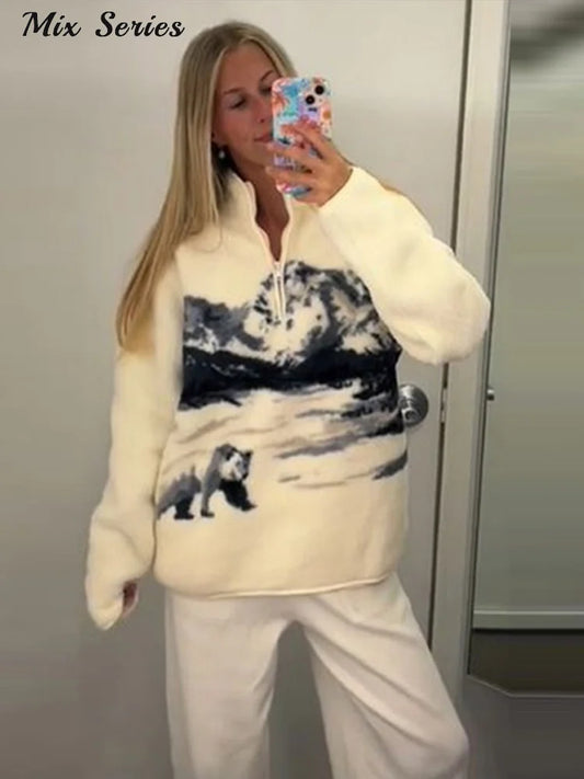 Fashion Printed Sherpa Pullover Women's Loose Long Sleeve Zippers Cozy Style Top 2025 Autumn New Lady Casual Warm Outerwear