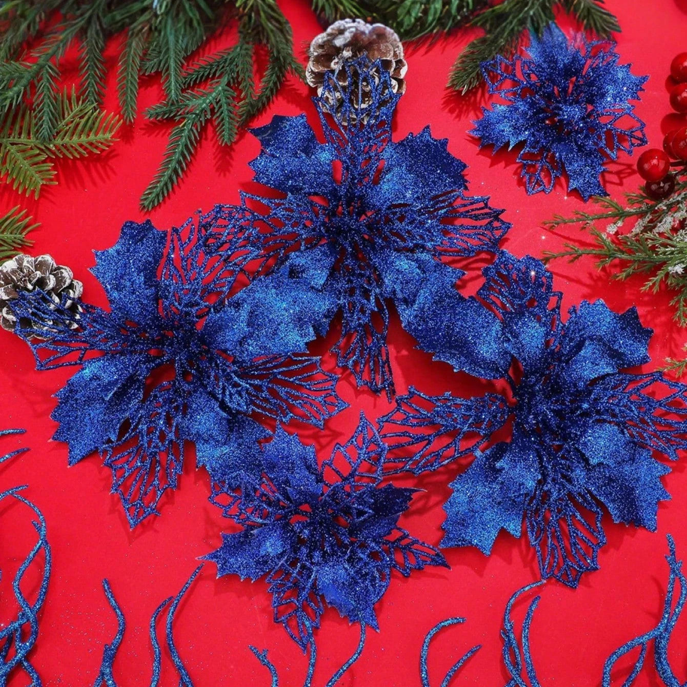 10Pcs Blue Artificial Flowers Branch Fake Plant Christmas Tree Decoration for Xmas Garland Ornament Home Decor 2026 Accessories