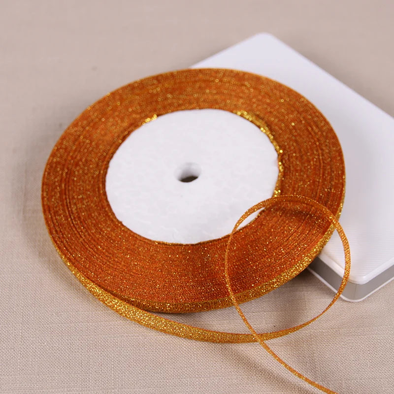 1/4" (6mm) 25yards Gold Silver Metallic Glitter Ribbons For DIY Crafts Sewing Fabric Christmas Party Wedding Supplies Gift Wrap