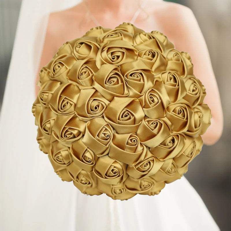 1pc/lot Gold Bridal Wedding Bouquet  Satin Rose Artificial Flowers Wedding Bouquet de novia On Sale