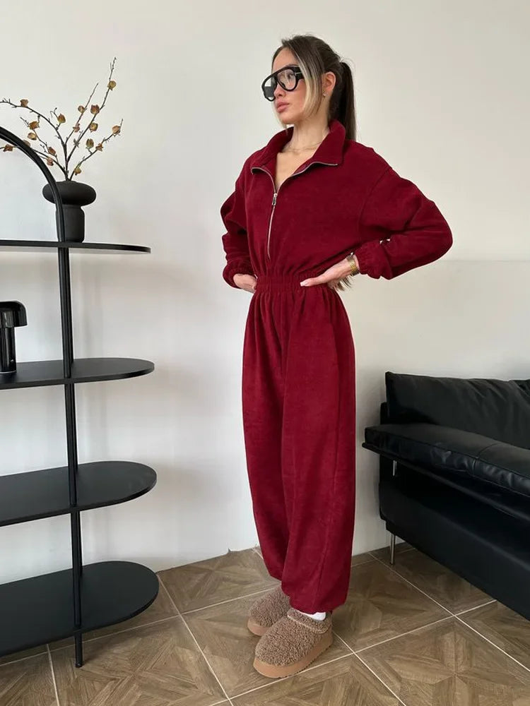 Woman Clothing Fashion Long-sleeved Jumpsuit Women's Set Zipper Casual Semi-open Elastic Waist Jumpsuit Elegant Sports Jumpsuit