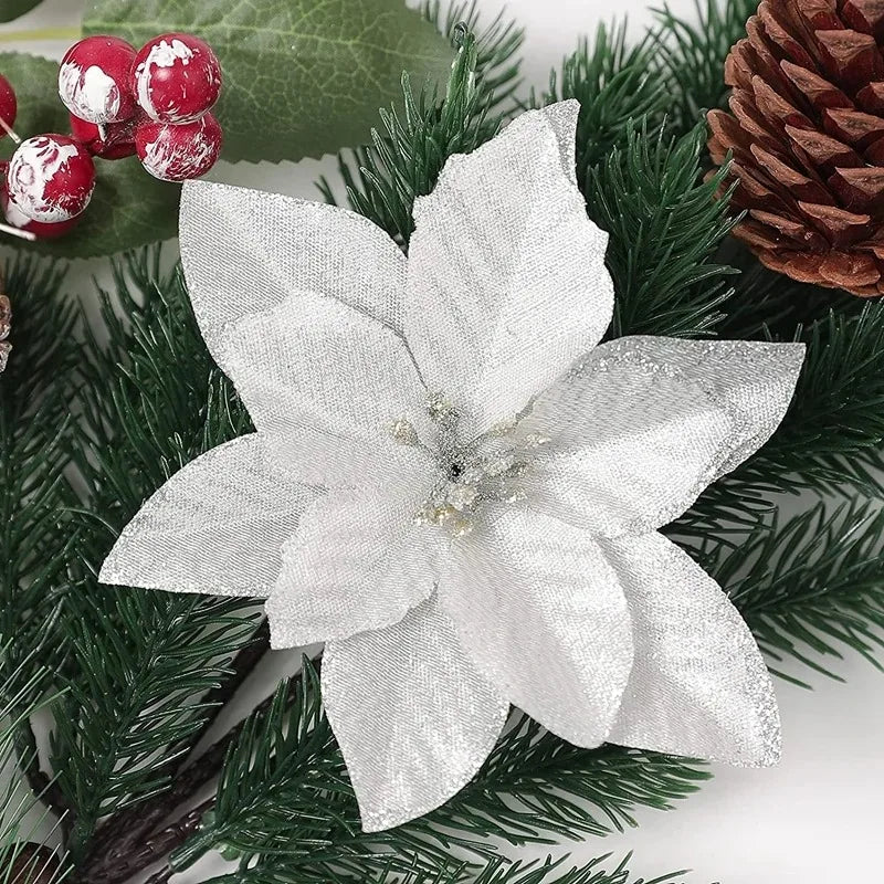 10Pcs Artificial Flowers Christmas Decoration 13CM Xmas Tree Pendant Ornaments for Home Room Decor Navidad New Year 2025 Garland
