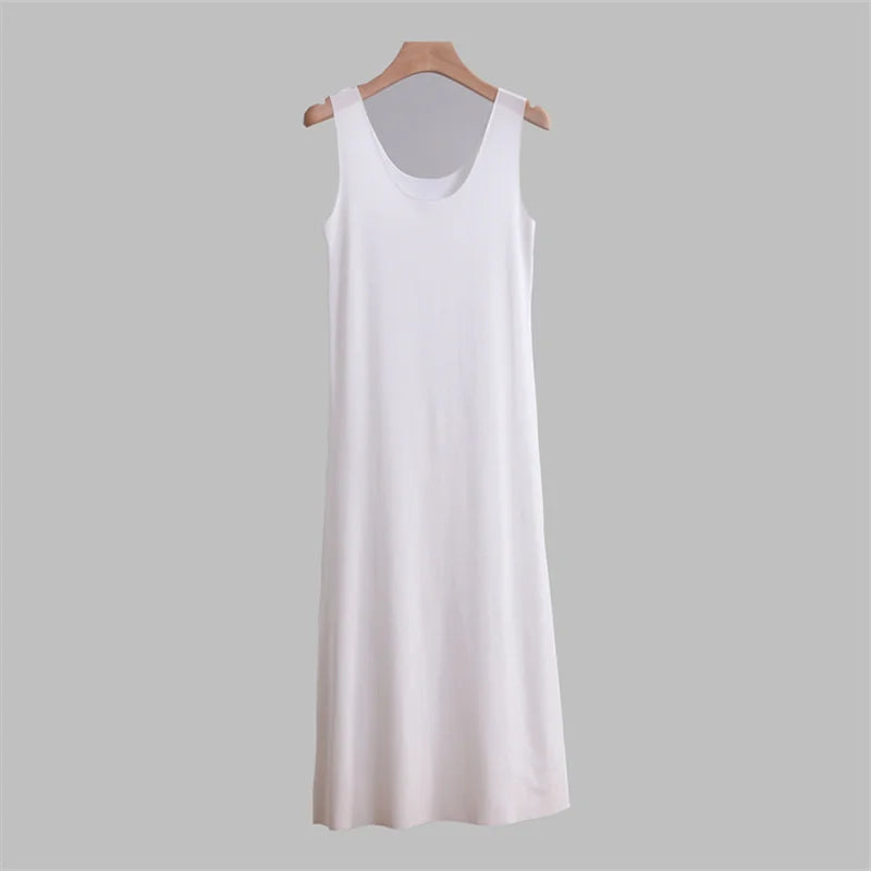 Summer Lady Ice Silk Without Trace Slips Under Dress Large Size Tank Long Midi Dress Petticoat U-neck Vest Nightgown Long Skirt