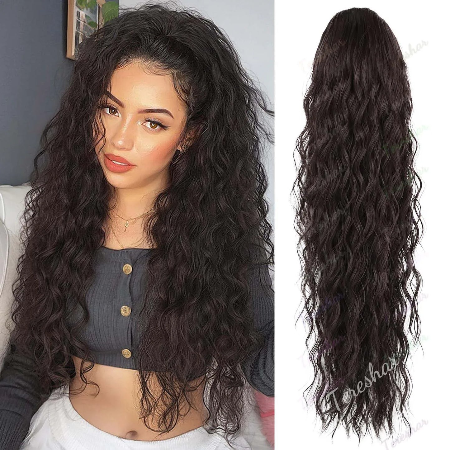 Synthetic 24inch Long Curly Wavy Ponytail Extension Drawstring Ponytail Hair Extensions for Women Hairpiece for Daily Use Party