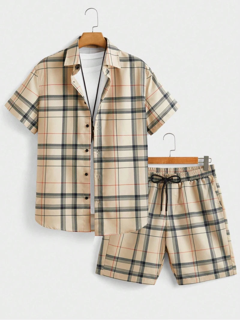 Street Casual Men's Suit Personalized Fashion Plaid Printed Pattern Short Sleeve Lapel Shirt and Shorts Men's Two Piece Set