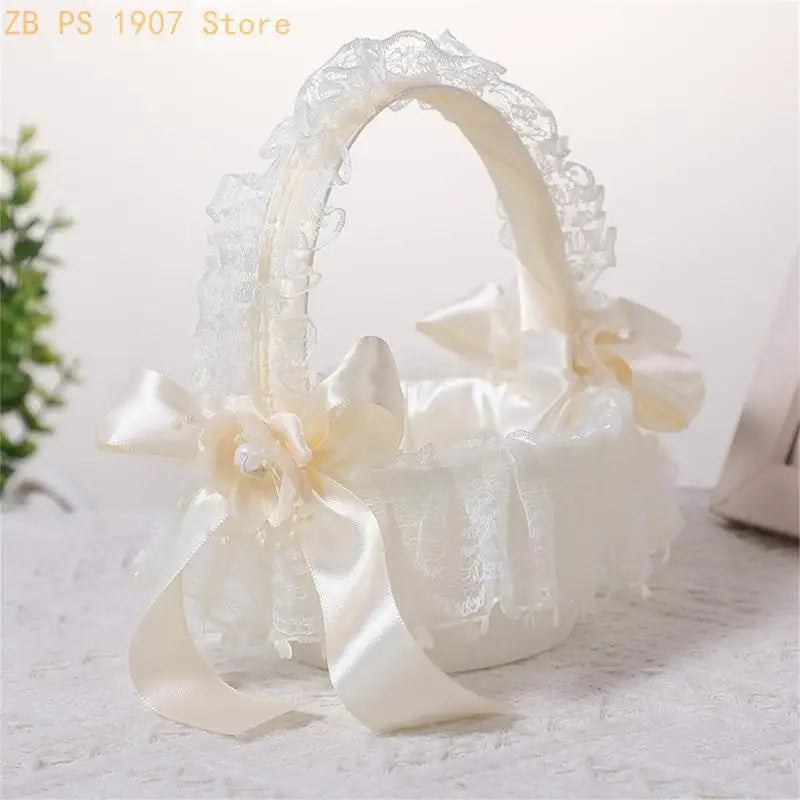 Wedding Flower Girl Basket with Lace Trim Handle Bowknot Flower Baskets for Wedding Ceremony Party Floral Arrangement 55KA