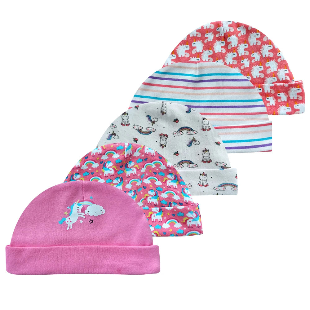 5Pieces Newborn Baby Boy Hats Cartoon Print 100%Cotton Baby Girls Hats 0-6Months Soft Solid Color Infant Accessories