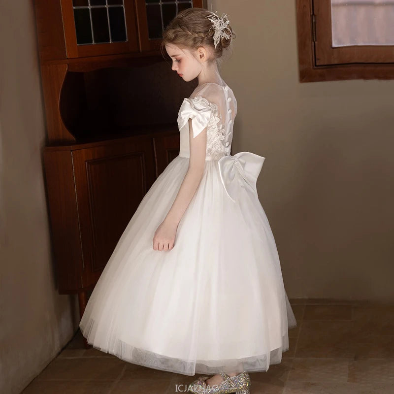 Wed Dress 2025 White Teen Girls Wedding Dress Tulle Ball  Evening Gown Party Wear CostumeGown Big Bow Bridesmaid Dresses Formal