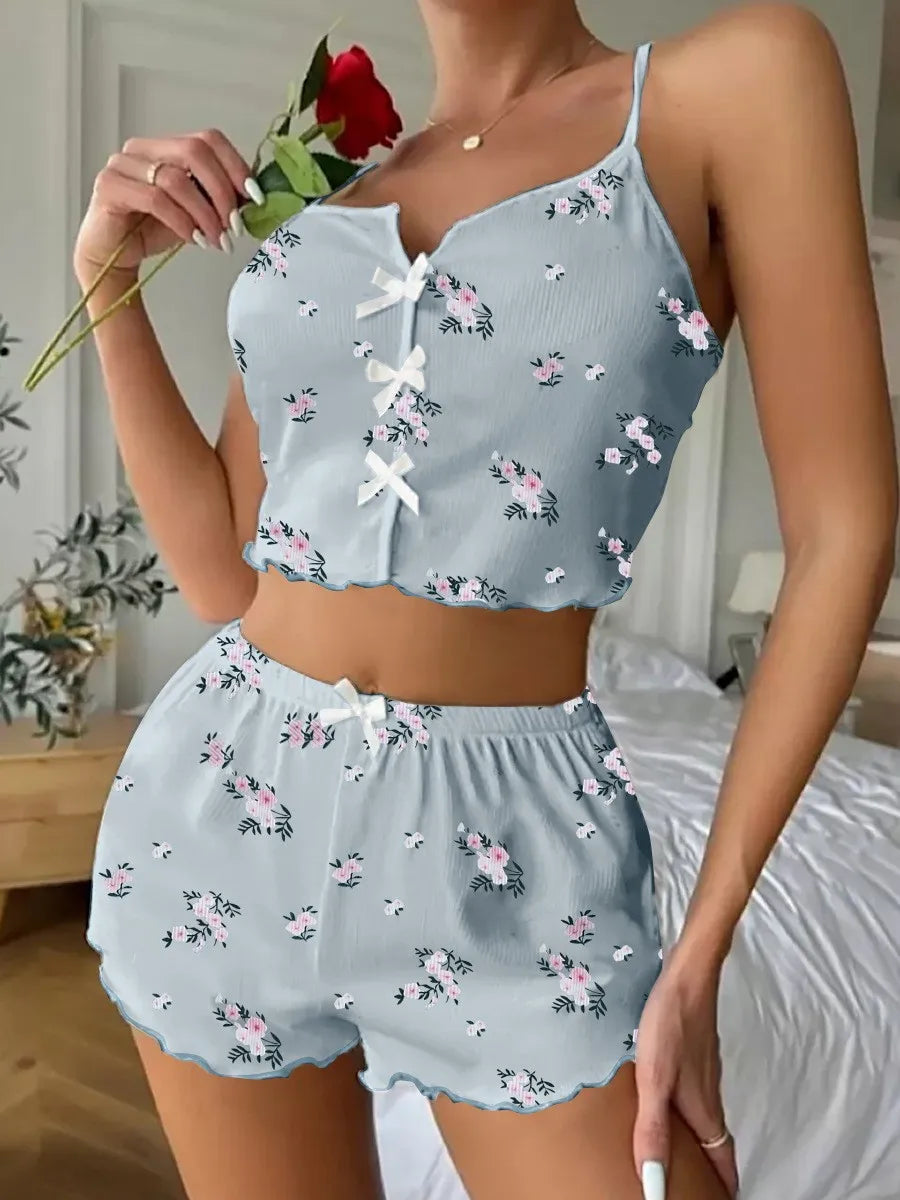 Summer Sleepwear for Women Fashion Floral Print Pajama Set V Neck Cami Top Lettuce Trim Shorts Sexy Lingerie Loungewear