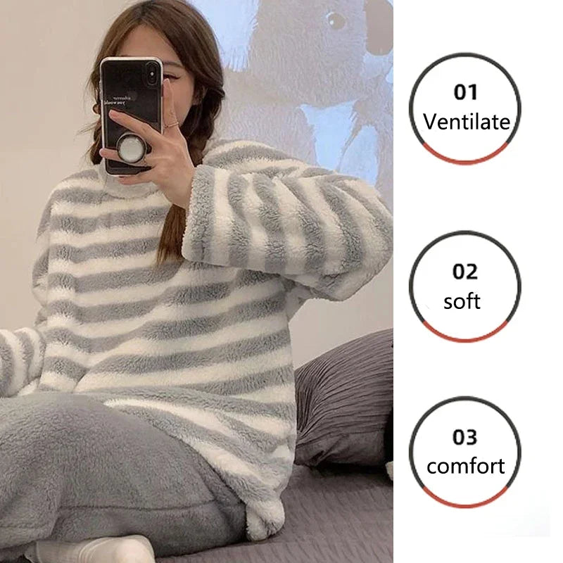 2PCS/Set Padded Thickened Warm Fall and Winter Long-Sleeved Soft Pajamas Women Flannel Outside Striped Flannel Homewear Large