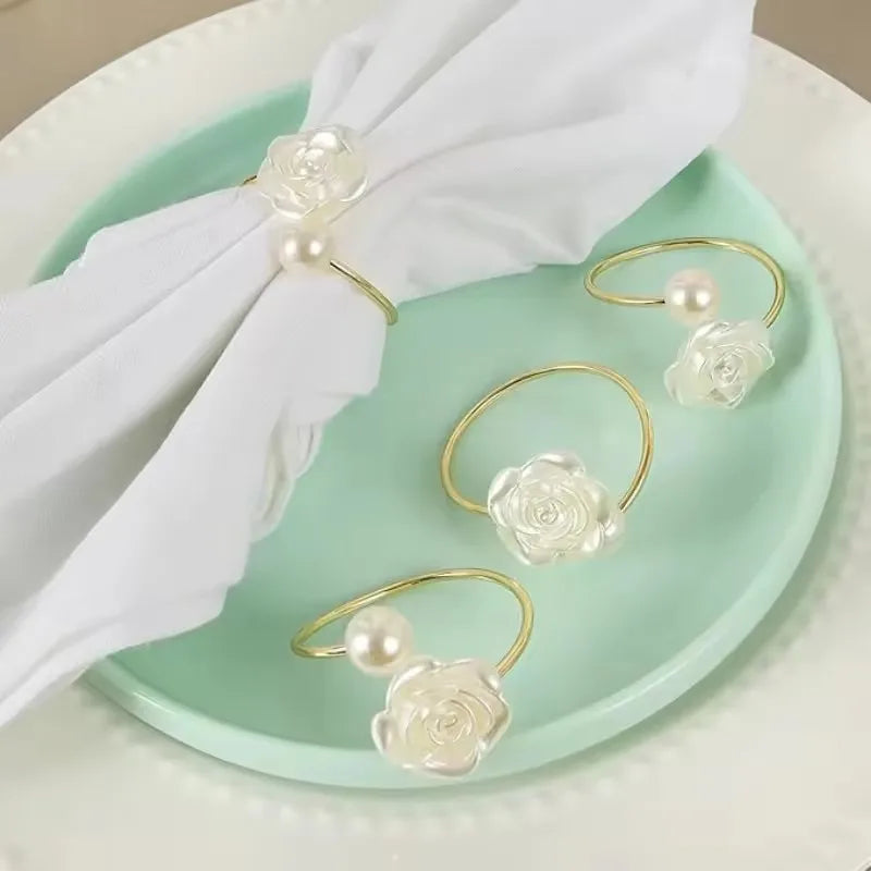 10PC Valentine's Day Wedding Pearl Napkin Clasp Roses Creative Round Pearl Napkin Rings for Restaurant Family Table Decoration