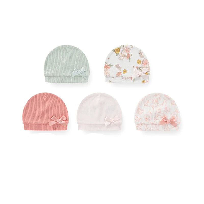 5Pieces Newborn Baby Boy Hats Cartoon Print 100%Cotton Baby Girls Hats 0-6Months Soft Solid Color Infant Accessories