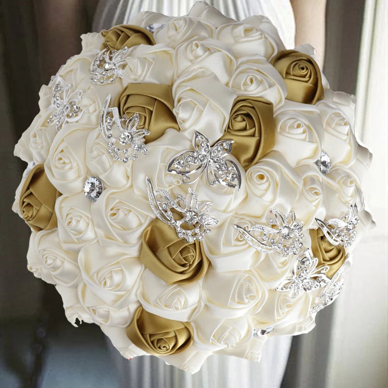 1pc/lot Gold Bridal Wedding Bouquet  Satin Rose Artificial Flowers Wedding Bouquet de novia On Sale