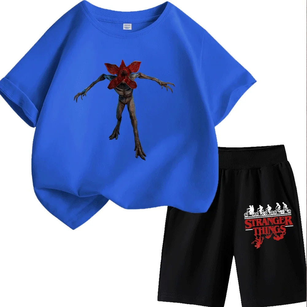 Kids Stranger Things Demogorgon Print T-Shirt Set, Fashionable and Comfortable Short-Sleeve T-Shirt for Boys and Girls, Unique