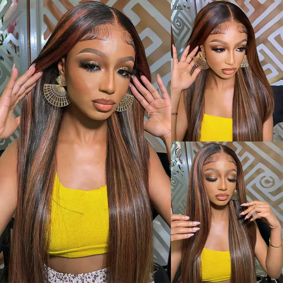 13x6 HD transparent front lace wig FB 30 highlight straight remy hair 46 long inches 200 Density human hair Brazilian for women