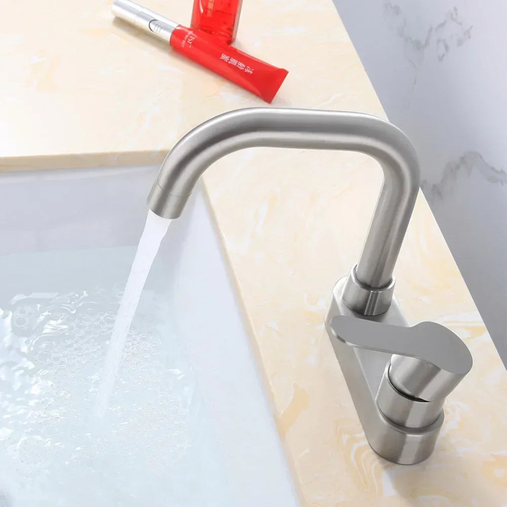 Bathroom Basin Faucet 304 Stainless Steel Sink Mixer Tap Hot Cold Water 2 Holes Deck Mounted Single Handle Faucet NEW