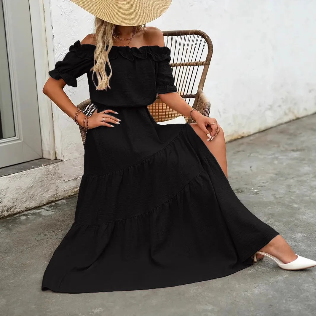 Elegant Short Sleeve Long Dress Women 2025 Summer Fashion Off Shoulder Maxi Dresses Casual