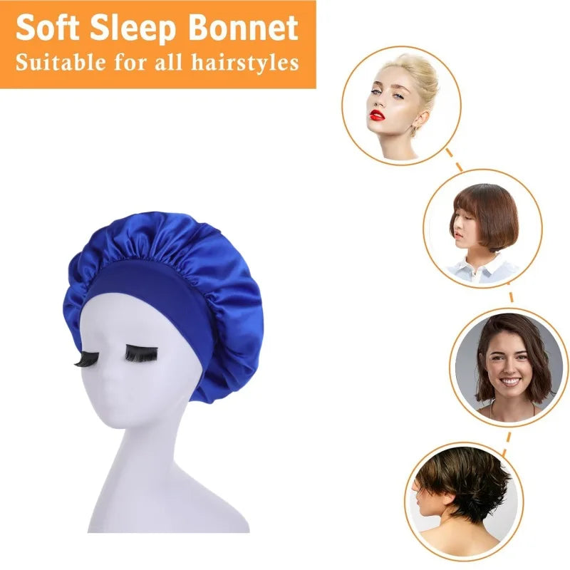 Women Night Sleep Hair Caps Silky Bonnet Satin Double Layer Adjust Head Cover Hat Shower Cap for Curly Hair Styling Accessories