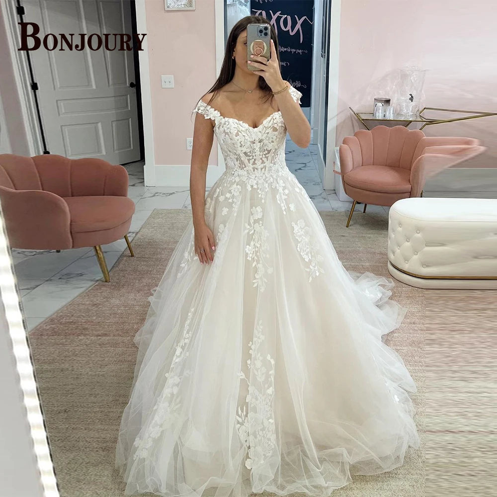 BONJOURY Modern Wedding Dresses For Woman Bride Off the Shoulder Backless Lace A-line Appliques Robe De Mariée Drop Shipping