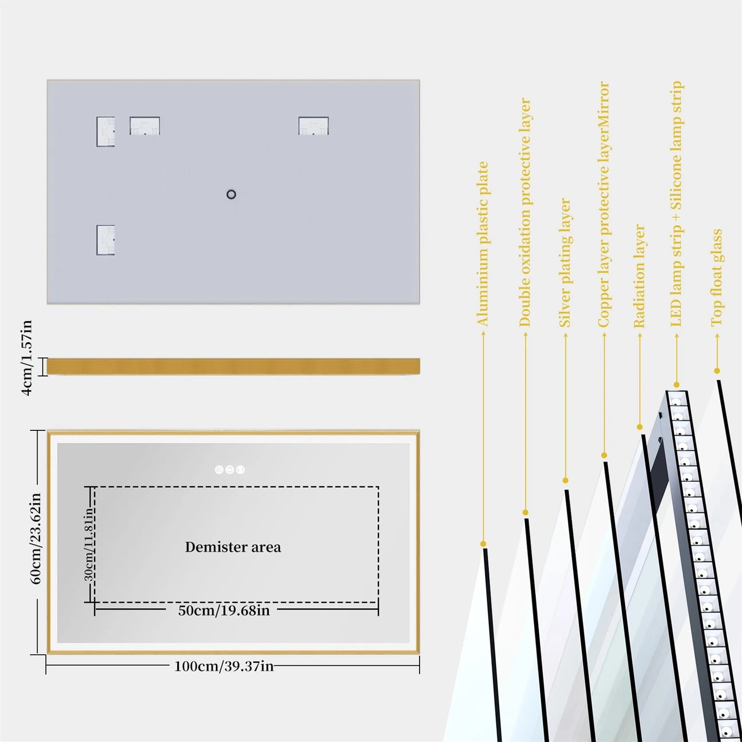 Smart LED Bathroom Mirror Demister Touch Sensor Gold Brushed Brass Frame Anti-Fog Vanity Wall Mirror 3 Sizes