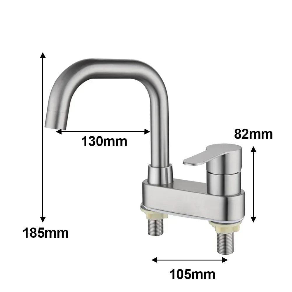 Bathroom Basin Faucet 304 Stainless Steel Sink Mixer Tap Hot Cold Water 2 Holes Deck Mounted Single Handle Faucet NEW