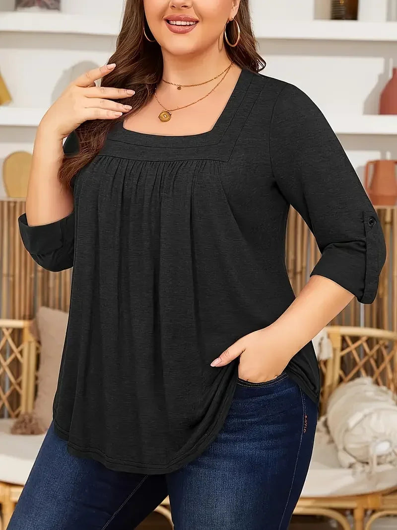 Plus Size Summer 1XL-5XL Women's Fashionable Solid Color Square Neck Blouse Ladies Casual Summer Solid Color Blouse Shirt Tops