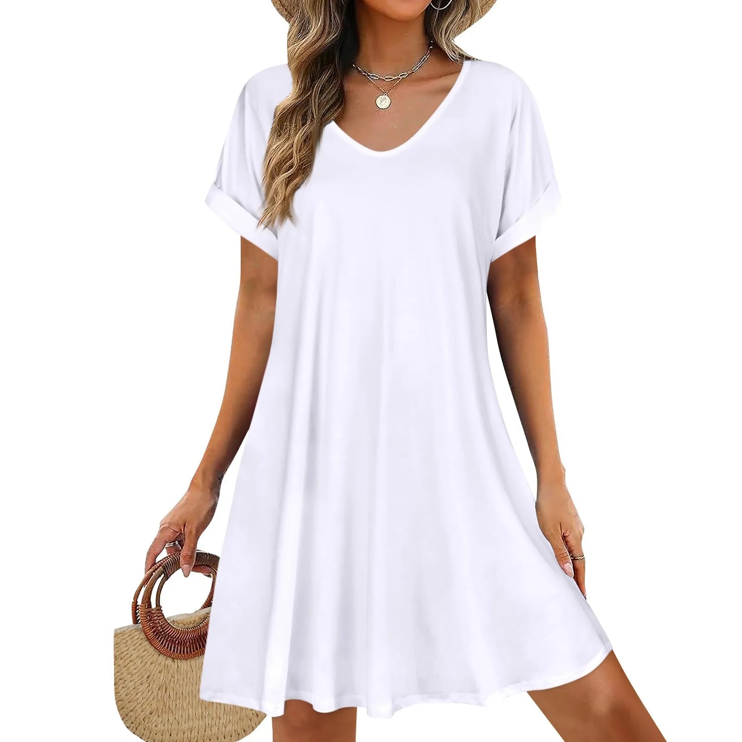 2025 Women Summer Dresses Sex Bikini  Short Sleeve Casual Beach T-shirt Dress Round Neck Loose Swing Sundress