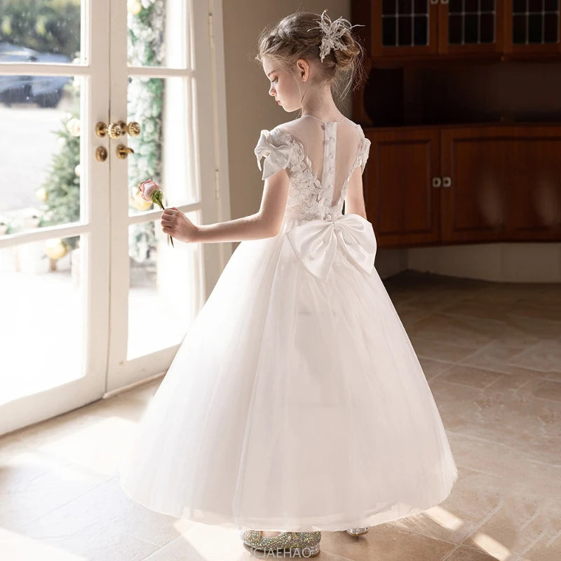 Wed Dress 2025 White Teen Girls Wedding Dress Tulle Ball  Evening Gown Party Wear CostumeGown Big Bow Bridesmaid Dresses Formal