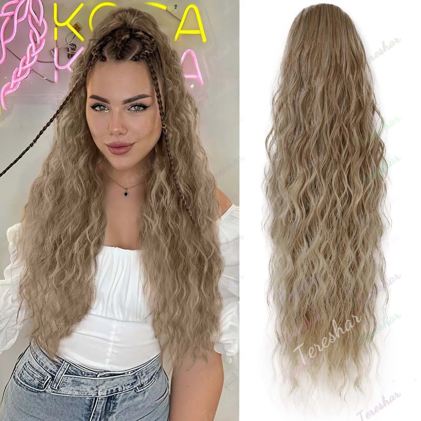 Synthetic 24inch Long Curly Wavy Ponytail Extension Drawstring Ponytail Hair Extensions for Women Hairpiece for Daily Use Party