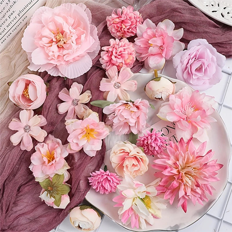 Artificial Flowers Head Silk Fake Flowers for Home Decor Wedding Marriage Decoration Bride DIY Craft Gifts Garland Accessories