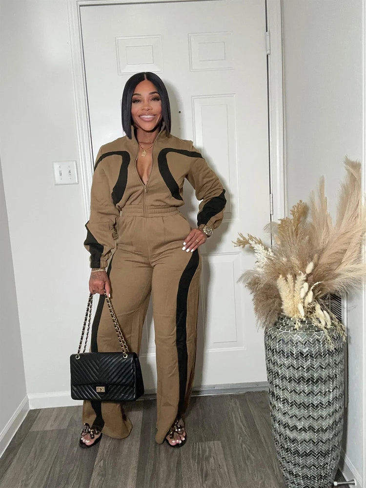 Fall Jumpsuit Woman Clothes 2025 New Fashion Color Block Sports Casual Long Sleeve Half Zipper Elastic Waist Rompers Streetwear
