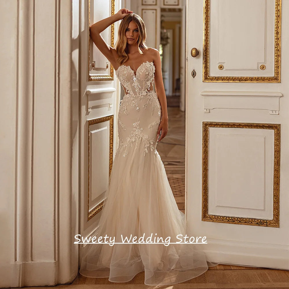 Wedding Dress for Woman Bride Customized Sexy Detachable Long Sleeves Sweetheart Sequined Applique Mermaid Bridal Gown