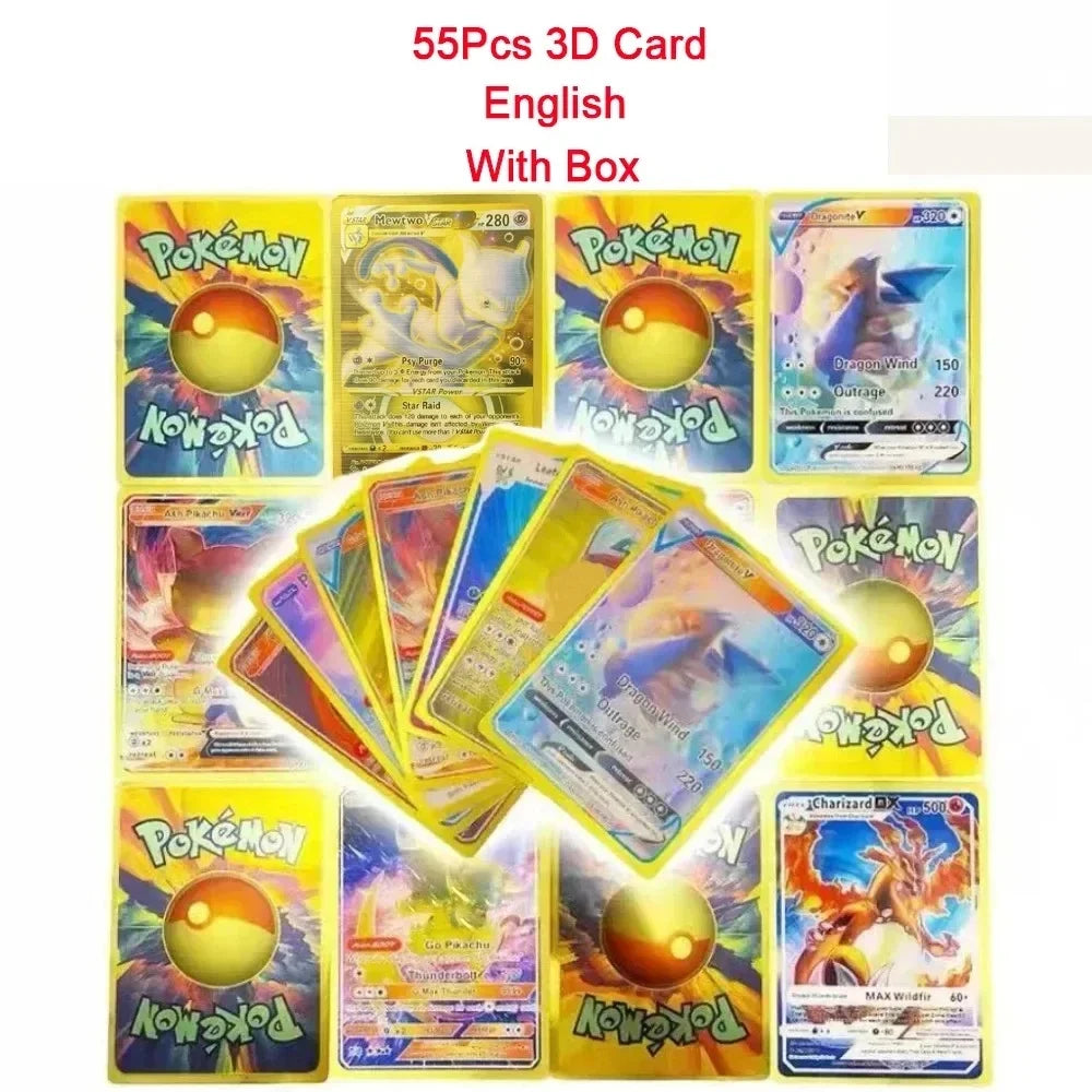 27-55Pcs Pokemon 3D Cards Colorful Shining English Spanish Vmax Gx Charizard Pikachu Trading Collection Battle Card Toys Gifts