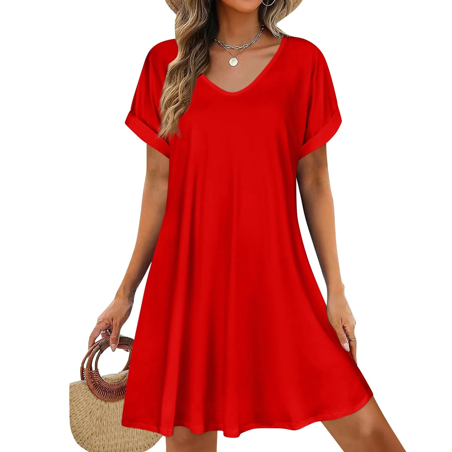 2025 Women Summer Dresses Sex Bikini  Short Sleeve Casual Beach T-shirt Dress Round Neck Loose Swing Sundress