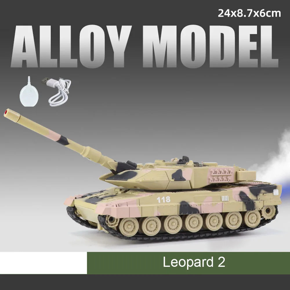 1:32 Scale T-90 Leopard2 M4 Main Battle Tank Model Toy Sound Light Tiger Heavy Tanks Spray Military Vehicle Models for Kid Gifts