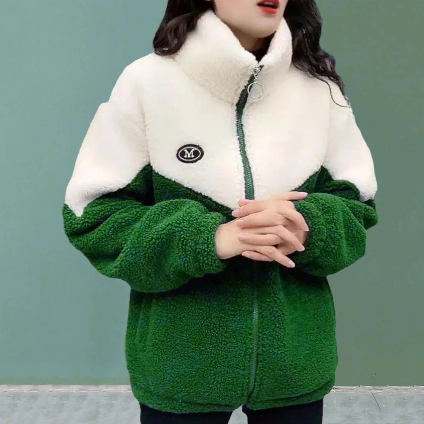 Winter Women Coat Thick Plush Stand Collar Zipper Closure Velvet Jacket Colorblock Long Sleeves Pockets Cardigan Outerwear