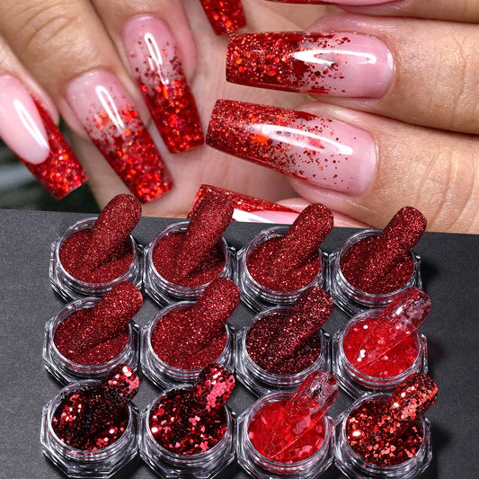12pcs Reflective Red Nail Glitter Sequins New Year Style Hexagon Slices Spangles Happy Festive Valentine's Manicure Paillettes